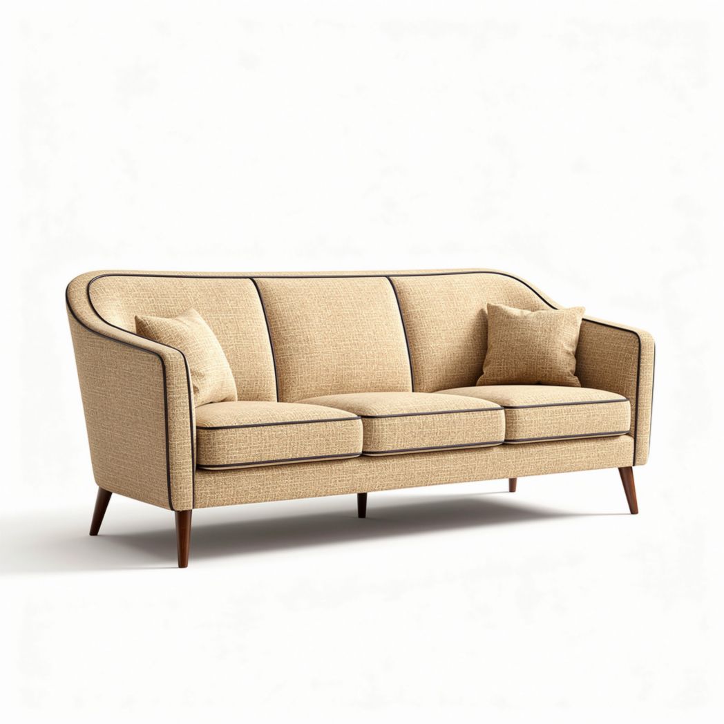 Beige fabric sofa with wooden legs and two cushions 180 x 80 x 85cm