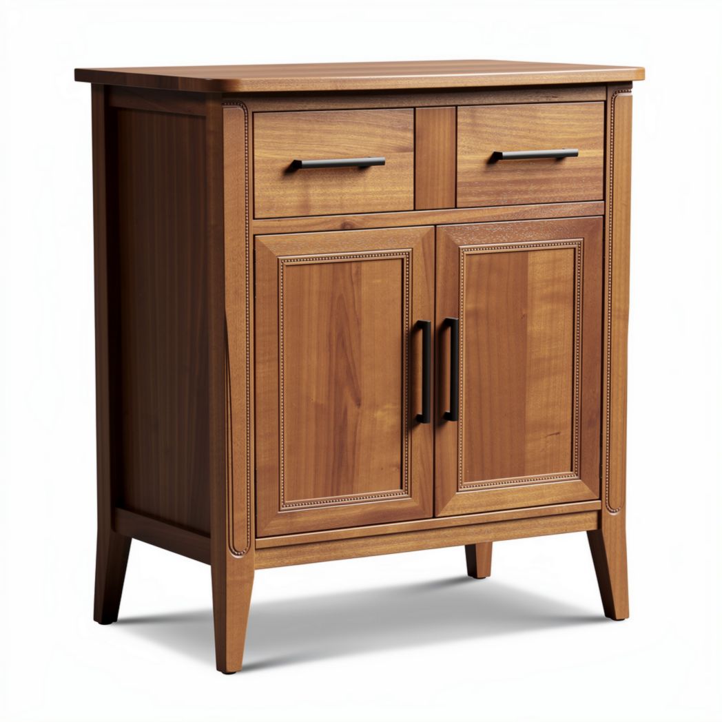 Solid wood storage cabinet with two drawers and double doors in natural finish 80 x 40 x 85cm