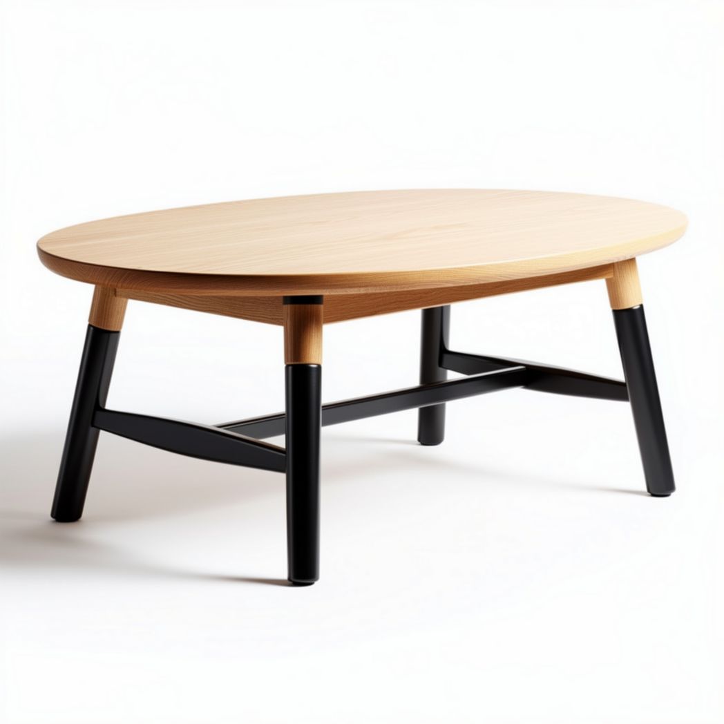 Oval coffee table with wooden top and black metal legs 120 x 70 x 45cm