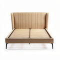 Upholstered bed frame with a beige fabric headboard and wooden slats 210 x 160 x 100cm