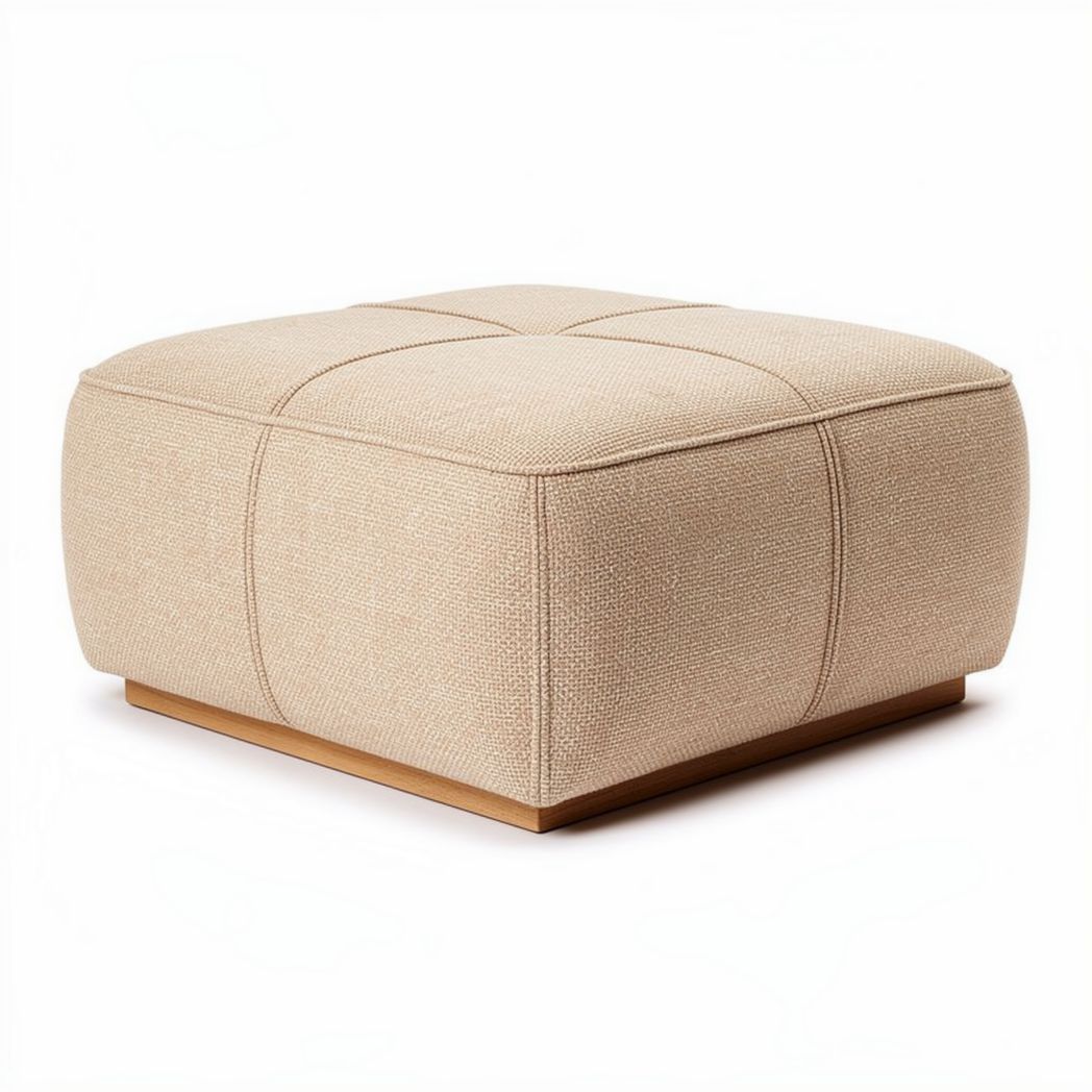 Beige woven ottoman with wood base for living room seating 80 x 80 x 40cm