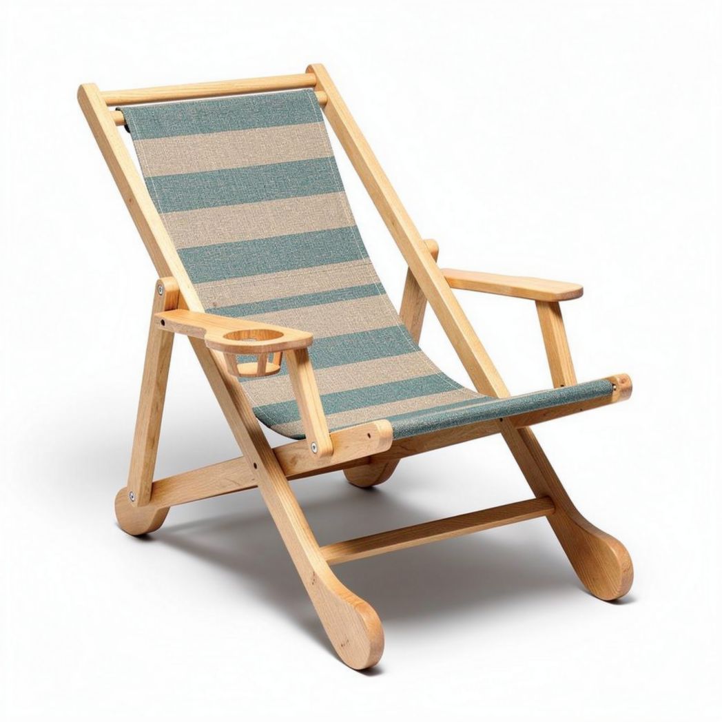 Wooden beach lounge chair with adjustable fabric seat and cup holder