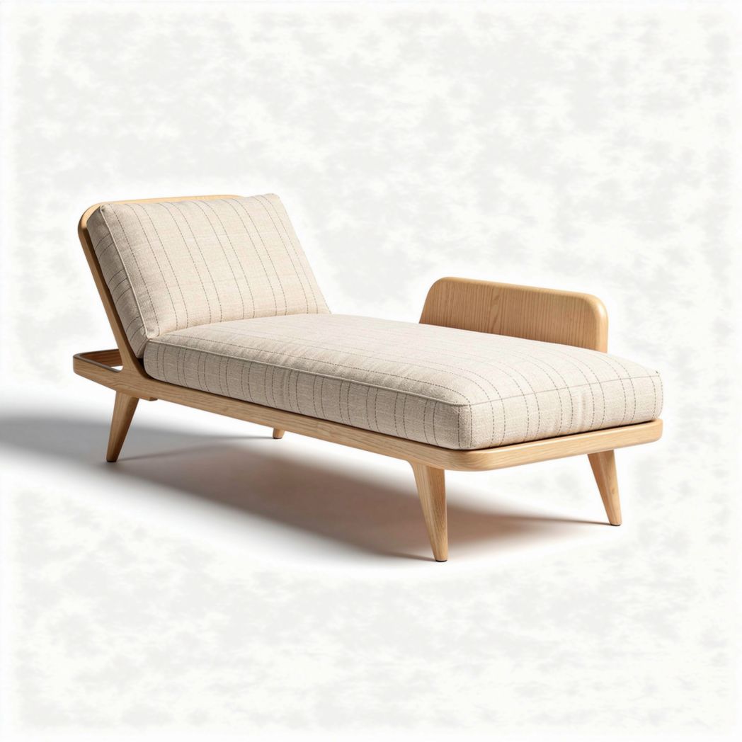 Linen upholstered chaise lounge with wood frame in neutral color 180 x 80 x 75cm