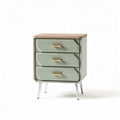 Three-drawer nightstand in green with wooden top and metal legs 45 x 40 x 55cm