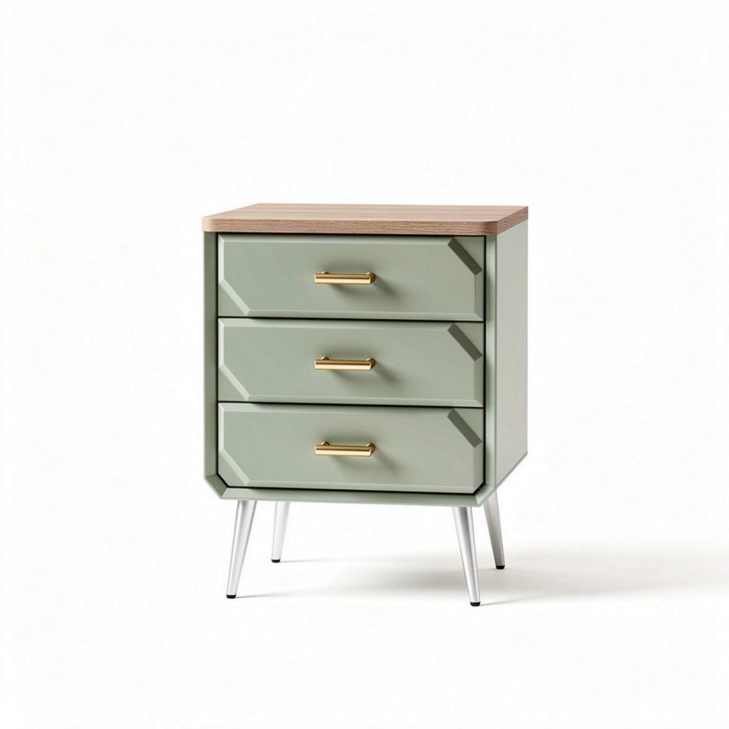 Three-drawer nightstand in green with wooden top and metal legs 45 x 40 x 55cm